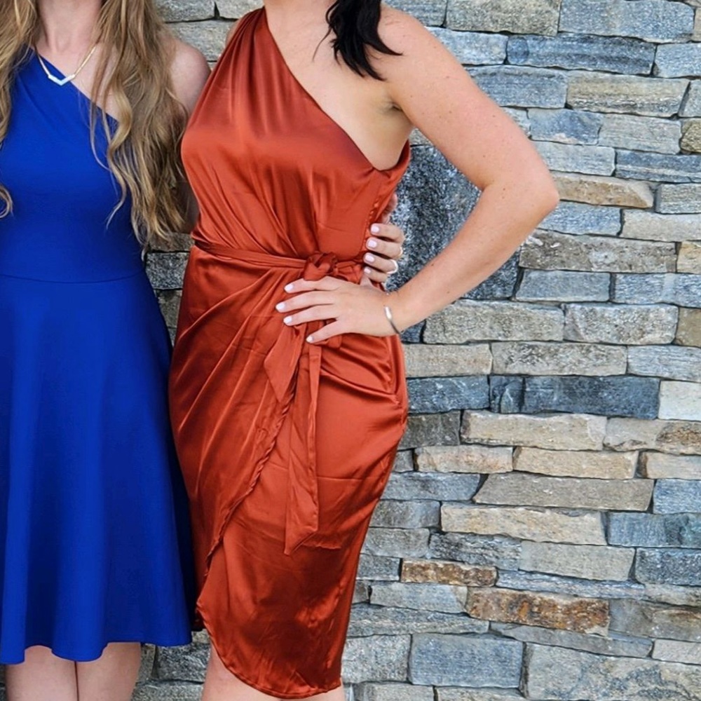 Rust colored satin one shoulder dress